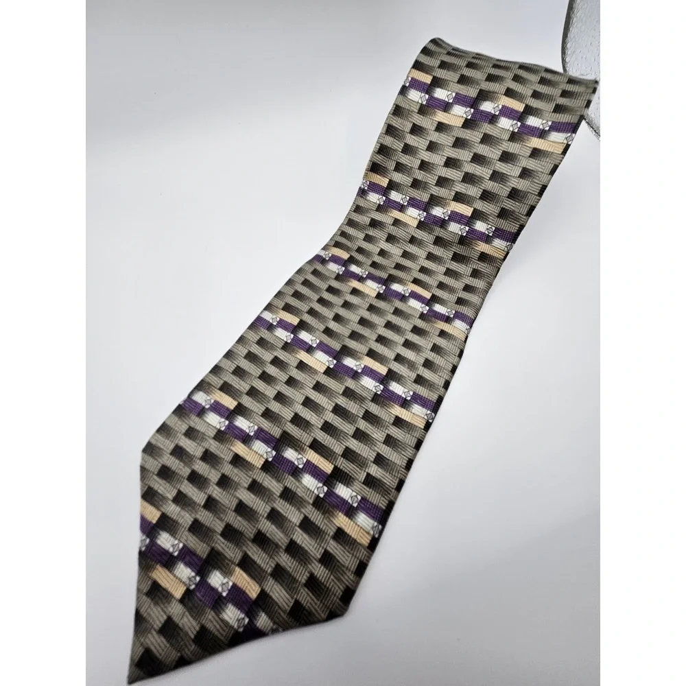 Enro Mens Silk Tie Grey Purple Geometric Basketweave Pattern Made in‎ USA 4 Inch